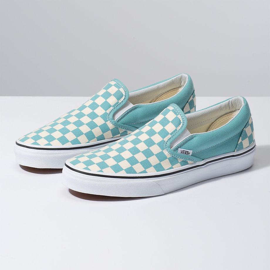 Vans Bayan Kaykay Ayakkabısı Checkerboard Slip-On Açık Turkuaz/Beyaz | 80028-665